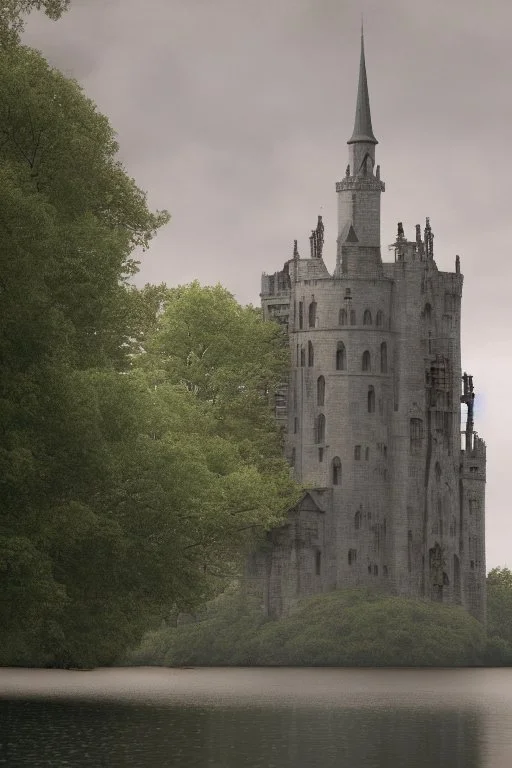 Fantasy Gothic Tower, With A Side Building, On An Island, In A Lake, In Woodland With A Flying Boat Overhead