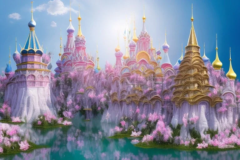 a magical crystal flower lotus magnolia lys bougainvillier, blue gold house russian palace castle in the woods, magnolias pink,blue lake,sun,white swanns,pink vertical, blue lake,sharp, vines, candlelit, endor, ornate, elegant, highly detailed, artstation, concept art, smooth, sharp focus, illustration, 8k, splash art, wallpaper, key visual