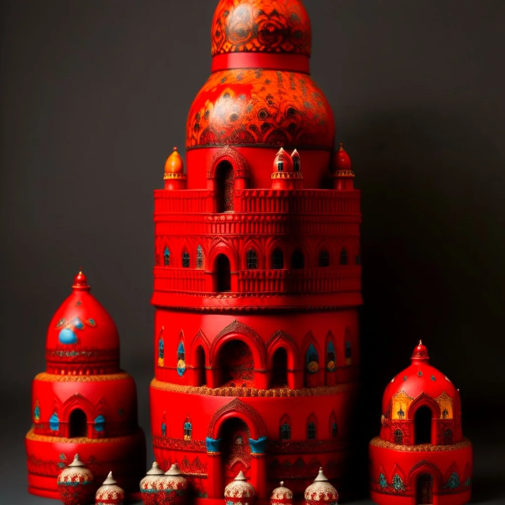 A red fiery castle near a volcano designed in Matryoshka dolls