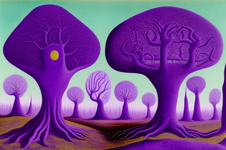 purple trees in a surreal landscape by artists "Leonora Carrington" and "Max Ernst"