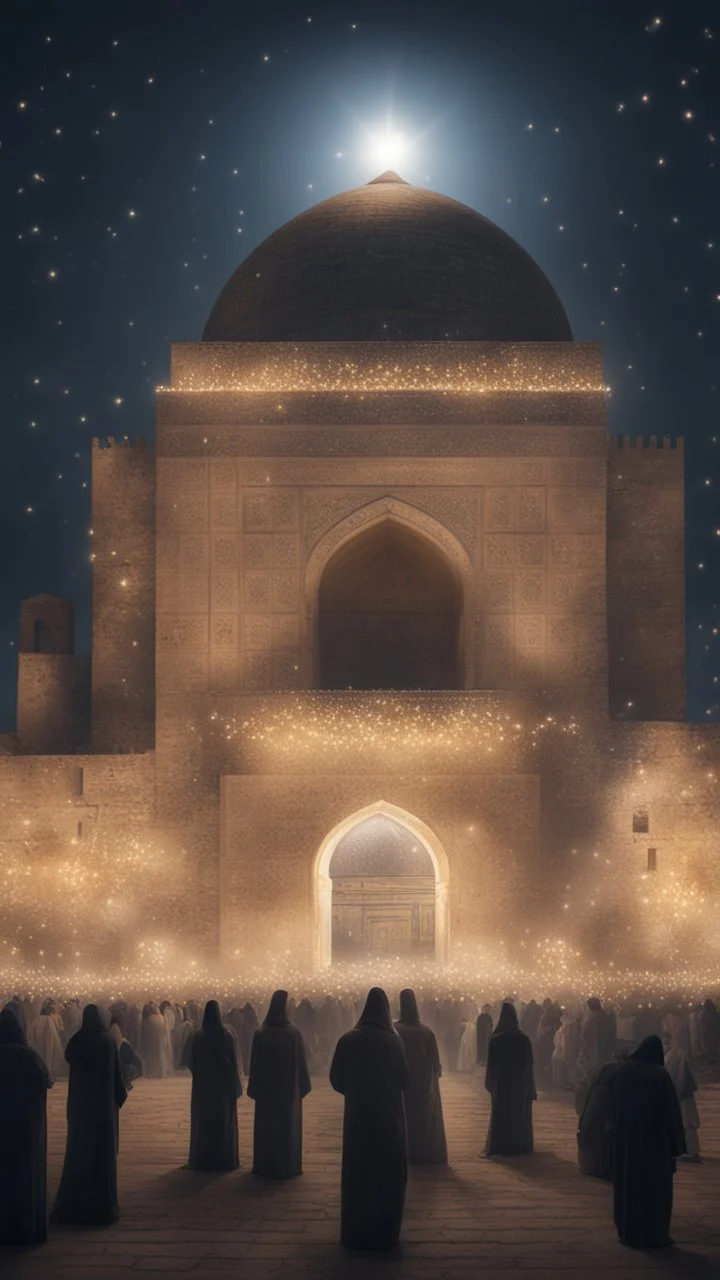 Hyper realistic celebration outside Al-Aqsa Mosque with garland light at night