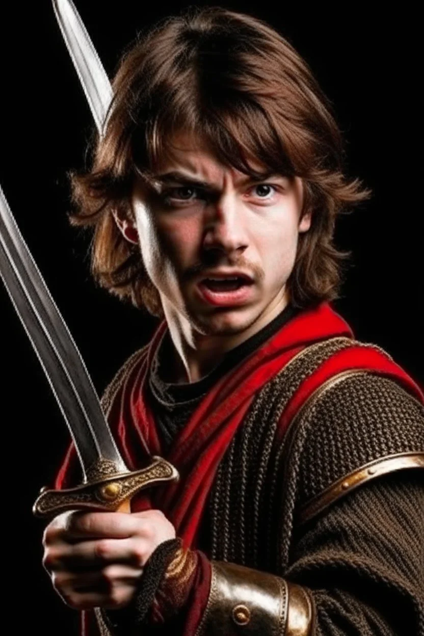 european brown hair young adult royal guard swordsman with rapier scary face screamer