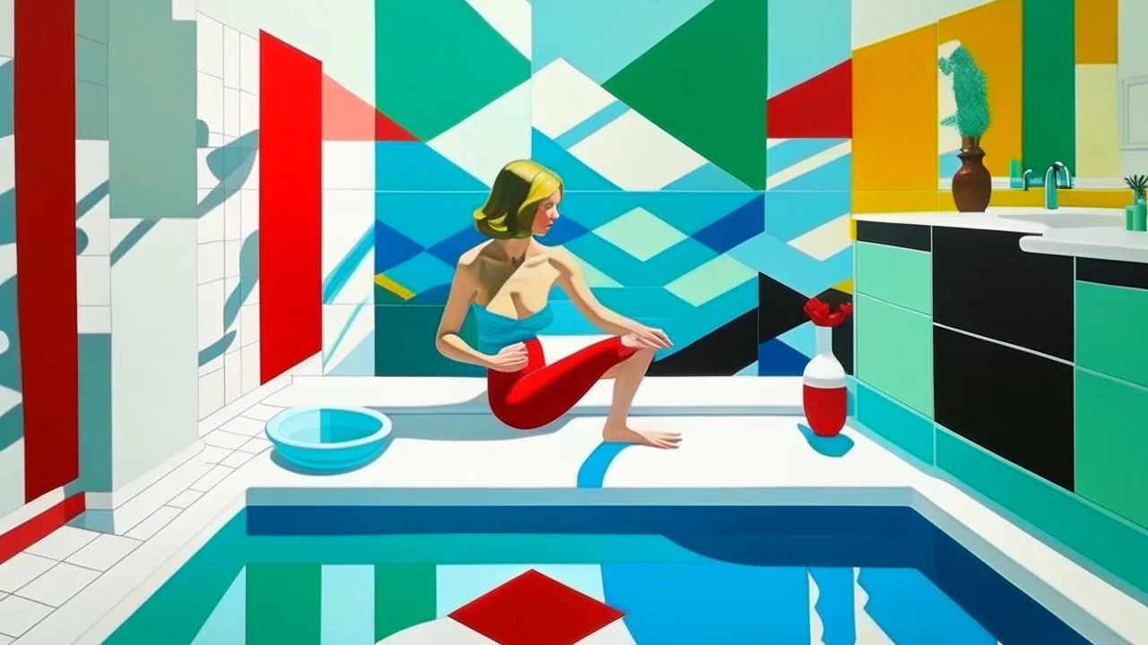 CREATE A pictorial composition BY creatively MIXING the works of "Bathroom Collage" by Tom Wesselmann and "Pool 2 Figures" by David Hockney