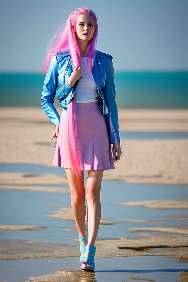 half body shot,realistic portrait of a 20-25 old caucasian model, long blue pink flowing hair, great grey eyes, blue leather jacket,full body, short white skirt,long legs,standing at beach of very nive lake with sunset ,clouds,godrayes