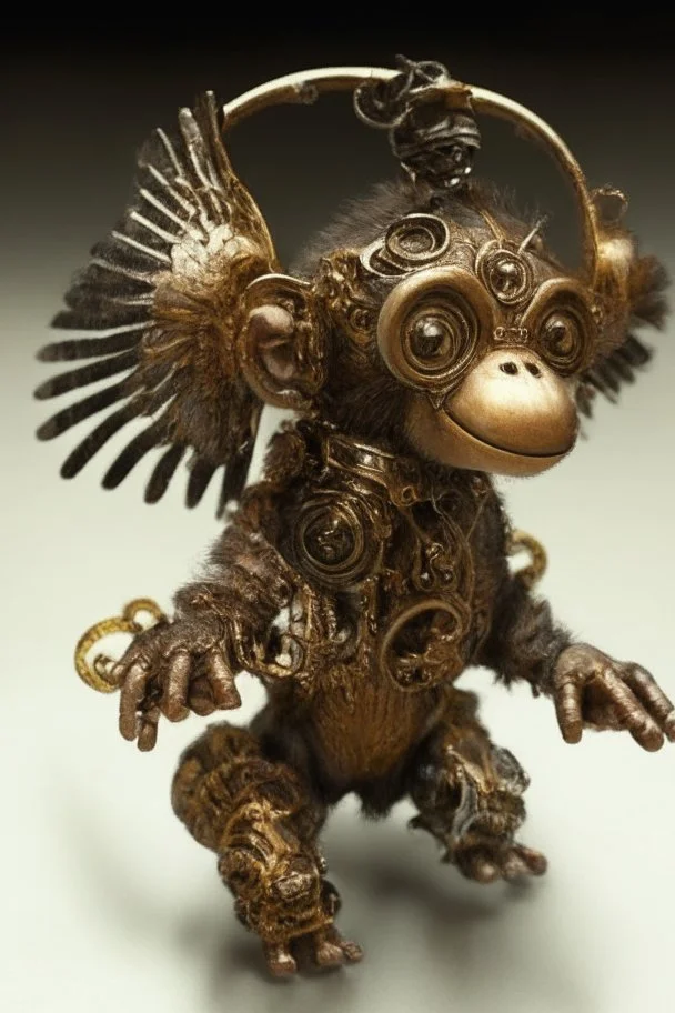 small cute steampunk mechanical monkey, made of metal with mechanical wings