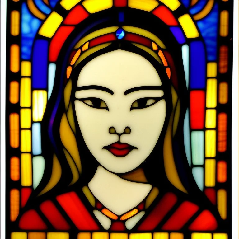 Art Noveau style, stained glass frame, my beautiful asian princess naturist model wife