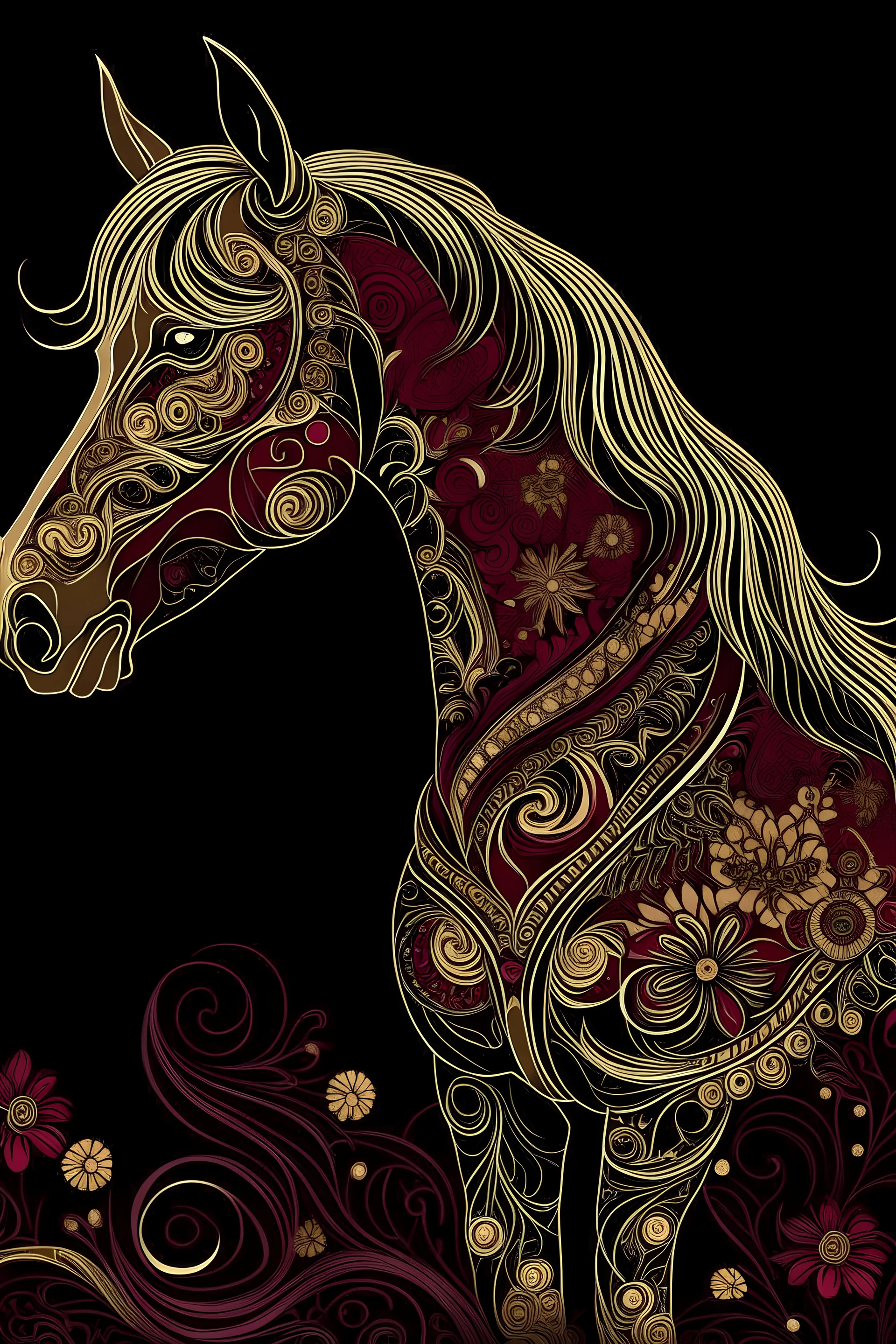 whimsical, horse, intricate detail,, illustration, burgundy, black, gold