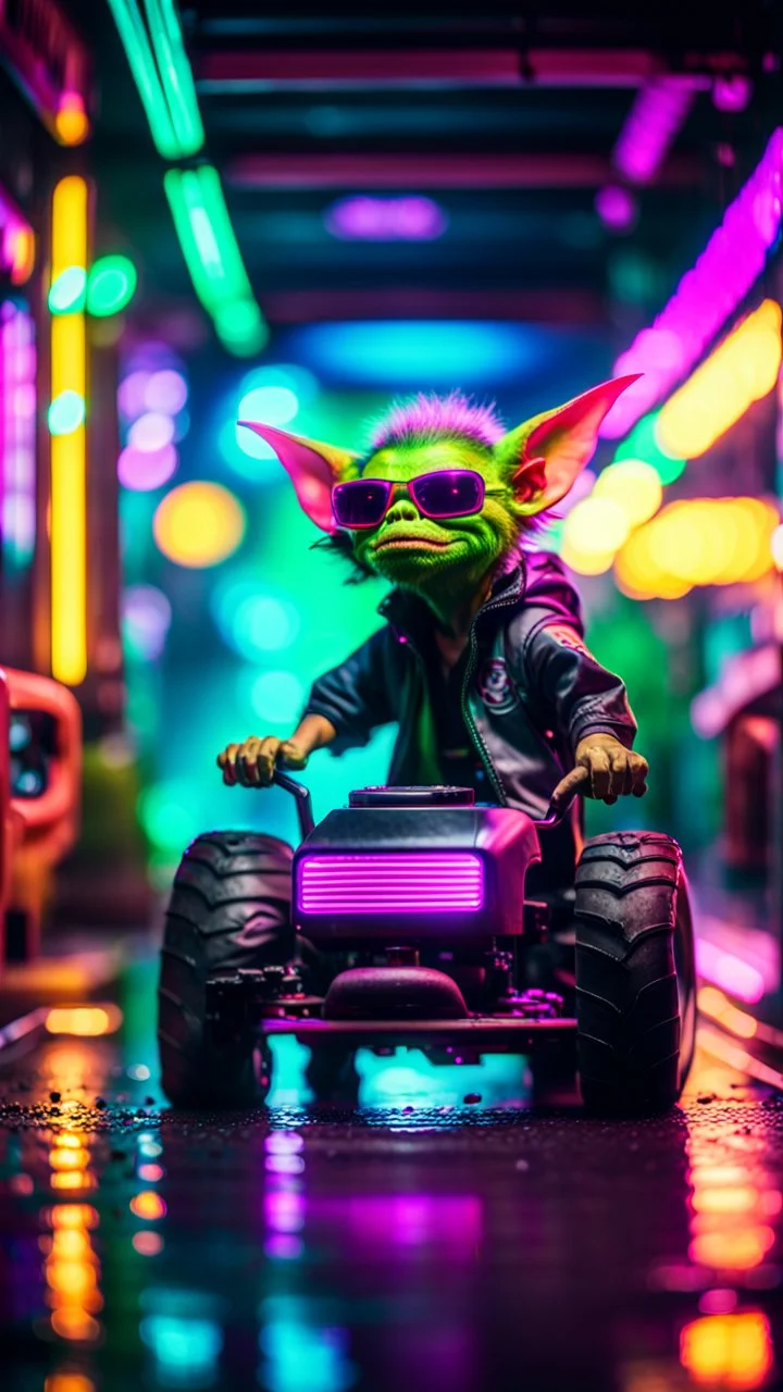 portrait of clone Hairy Gremlin pimp ninja yoga cyber punk in drifting hipster lawn tractor parked in dark neon lit reflective wet arcade hall tunnel,bokeh like f/0.8, tilt-shift lens 8k, high detail, smooth render, down-light, unreal engine, prize winning