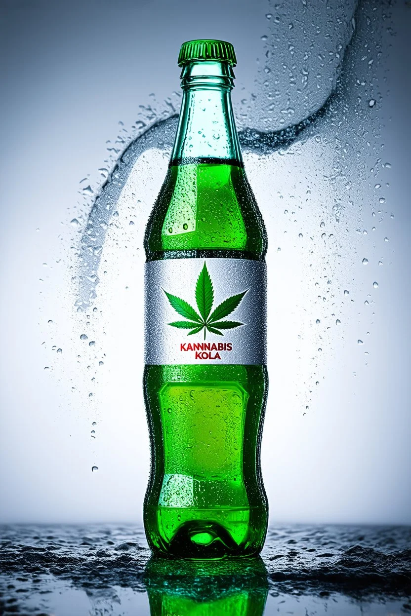 Captivating and hyper-realistic image of a futuristic cola bottle called "Kannabis Kola". The bottle has a sleek design with a prominent modern logo of a green cannabis leaf. Frost covers the bottle, creating a frosty effect with water droplets forming on its surface, emphasizing the freshness of the drink. The liquid inside appears green, adding a vibrant touch to the overall design. The minimalist bottom allows the innovative and eye-catching bottle to take center stage