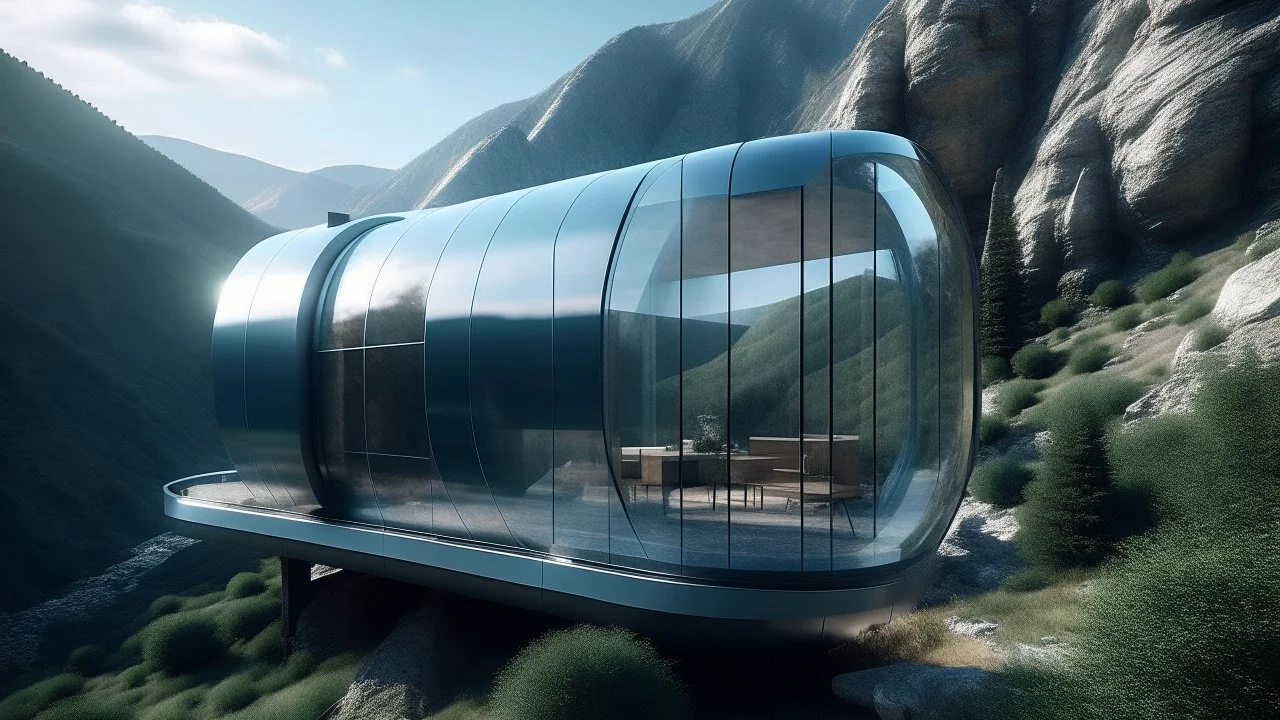 A futuristic house in a glass tube suspended between two mountains, with a modular design that allows the reconfiguration of the internal spaces according to needs