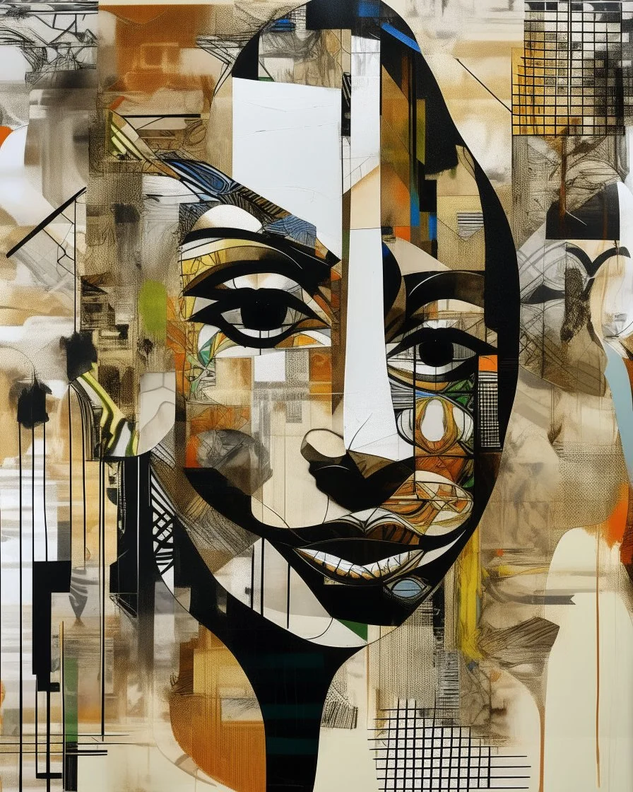 an extreme abstract acrylic and ink and battered paper photo collage poster of an unexpected mentioned in an arafed improbability made of smisunderstanding with a checkered juxtaposition, liminal space, vague resemblances of curved twisting stylized head wearing tribal mask, tribal patterns, memories of negative space, amazing reflections, amazing curves, amazing transparency, split vibe, double exposure influence, heavy zigzag vibe, side view, ((line lips)), crude mouth, afrofuturism