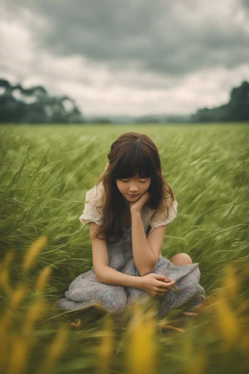 A girl lying in the middle of grass field while contemplating, detailed expression, heavy rain weather, the rain wet her face, the field is transformed into a dreamlike landscape straight out of a Studio Ghibli movie. The delicate details and vibrant colors make this a truly unique and captivating image. angle from below