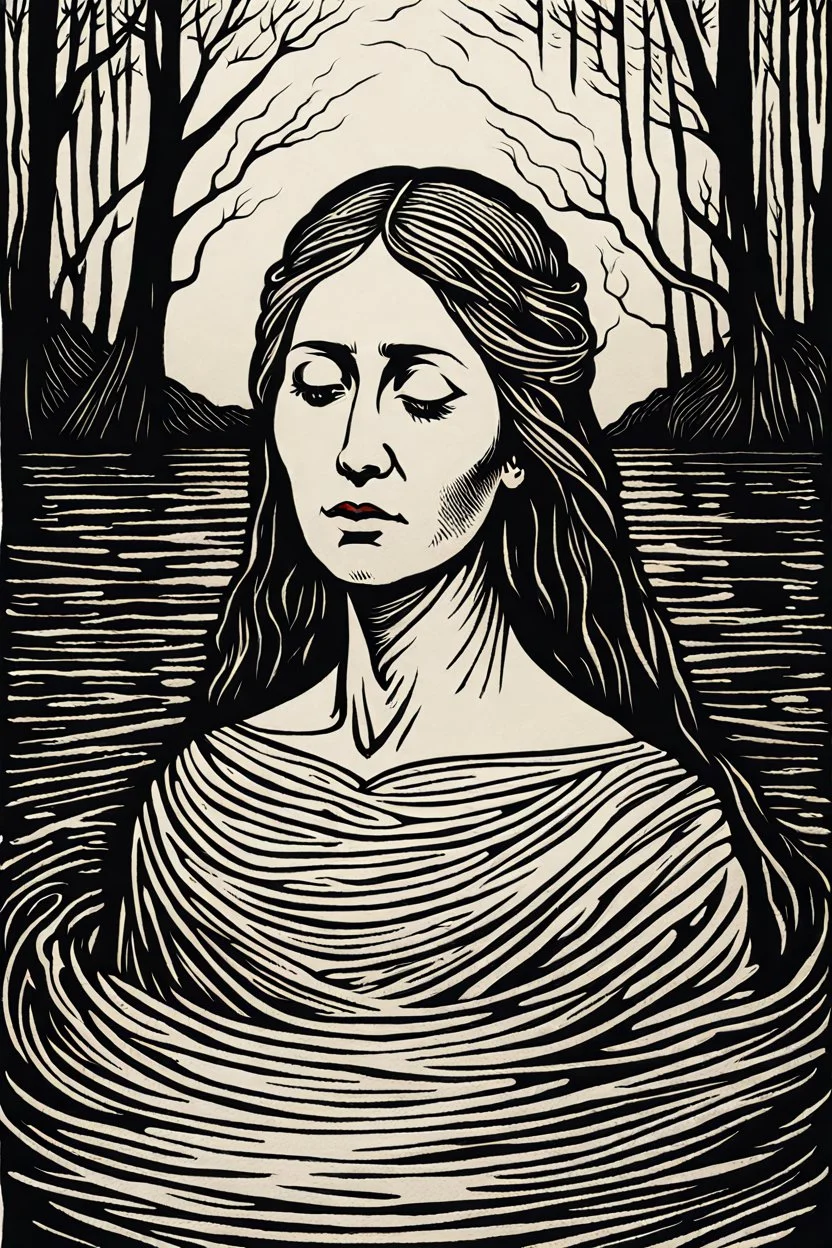 create a deeply powerful tragic, heart wrenching, and evocative, woodcut of the Lady of the Lake, with highly detailed and deeply cut facial features, in the style of KATHE KOLLWITZ , searing lines and forceful strokes