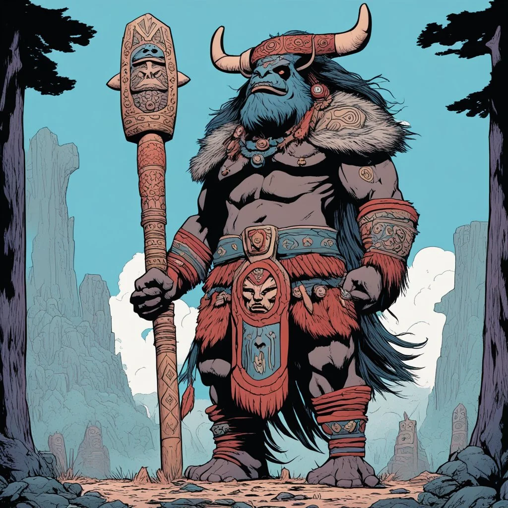 [mexican comics Head Lopper style by Andrew MacLean] Borak, a towering tauren chieftain, wields an ancient totem pole with sacred carvings. Surrounded by spiritual energy, he calls upon the power of the Earth Mother to protect his people.