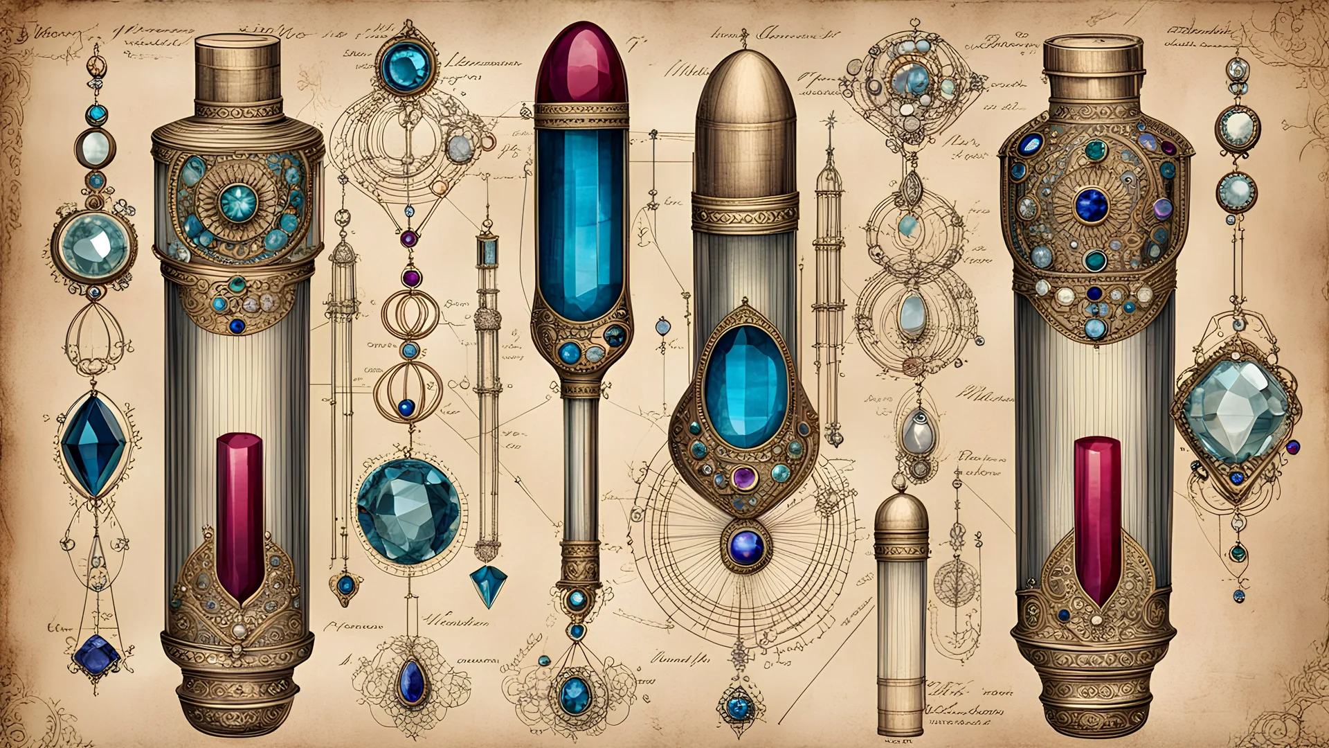 a ((detailed_blueprint_schematic_of_antique_((jeweled))_victorian_lipstick_tubes_with_gemstones_drawn_on_jeweled_weathered_parchment_bold_lines_loose_lines)), victorian schematic background, overhead view, deep rich colors, (shiny glass jewels), ultra quality, ultra-detailed, 16k resolution, trending on Artstation, gorgeous and elegant, unique