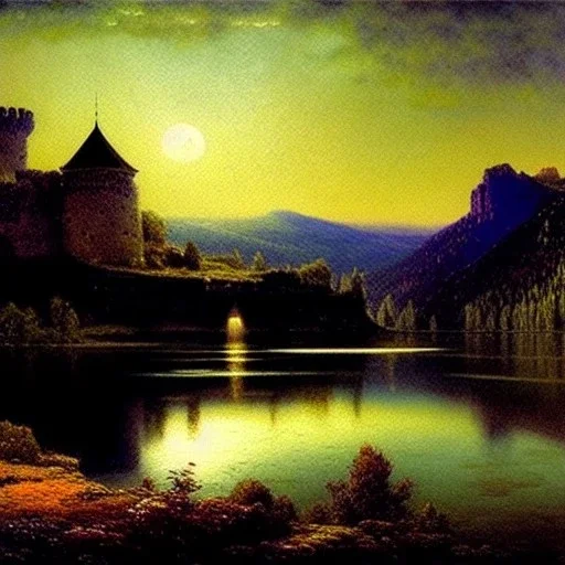 Drawing of 'Medieval Romanian Castle',mountain,lake,full moon, by gaston bussiere, greg rutkowski, yoji shinkawa, yoshitaka amano, tsutomu nihei, donato giancola, tim hildebrandt, oil on canvas, cinematic composition, extreme detail,fit full head inside picture,16k