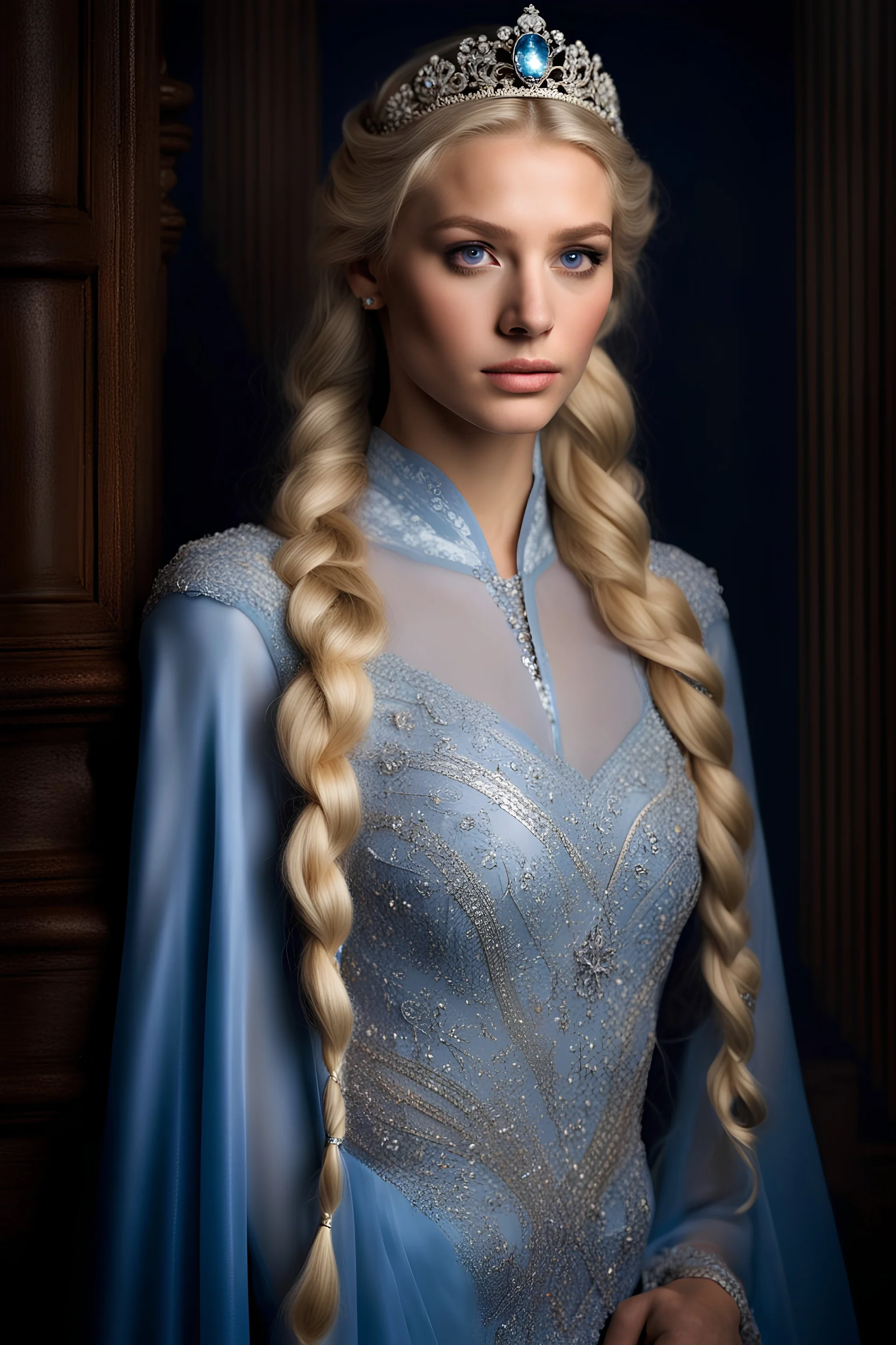 dark brown wood panel background with an overhead spotlight effect, 18-year-old Princess, Elsa Jones, Blue eyes, bleach blonde hair, braided, imbued with Freeze powers, head and shoulders portrait, wearing a blue, lacy Prom dress with a tiara, full color -- Absolute Reality v6, Absolute reality, Realism Engine XL - v1