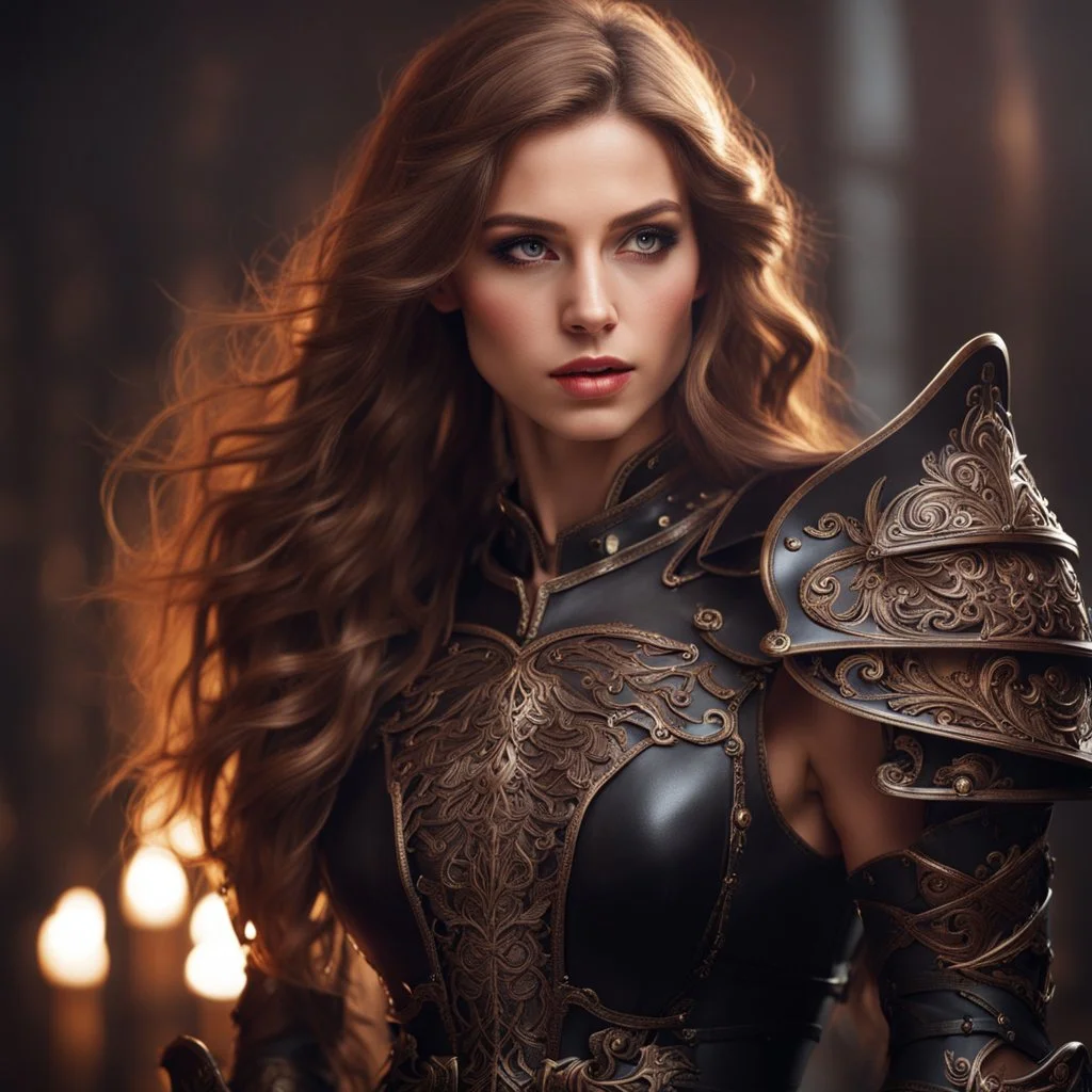 young woman with long brown hair, arrogant red eyes, wearing black leather fantasy armor, detailed, 4k resolution, hd