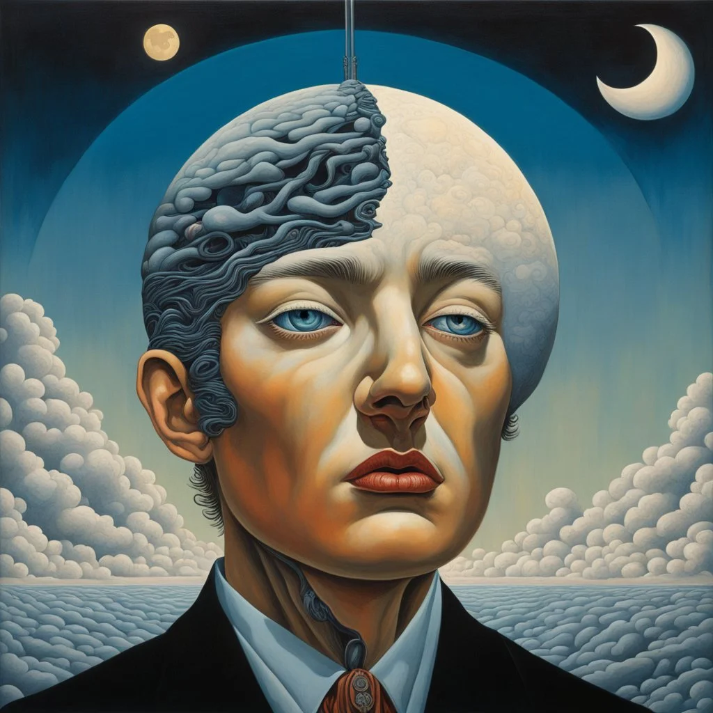 surreal zipper down the middle of face pulled down to reveal a moon underneath, surrealism, by Magritte and Michael Whelan and Inada Shiho, expansive background, palpable textures, Whelan's distinctive visceral style and detailed line work, rich sharp colors.