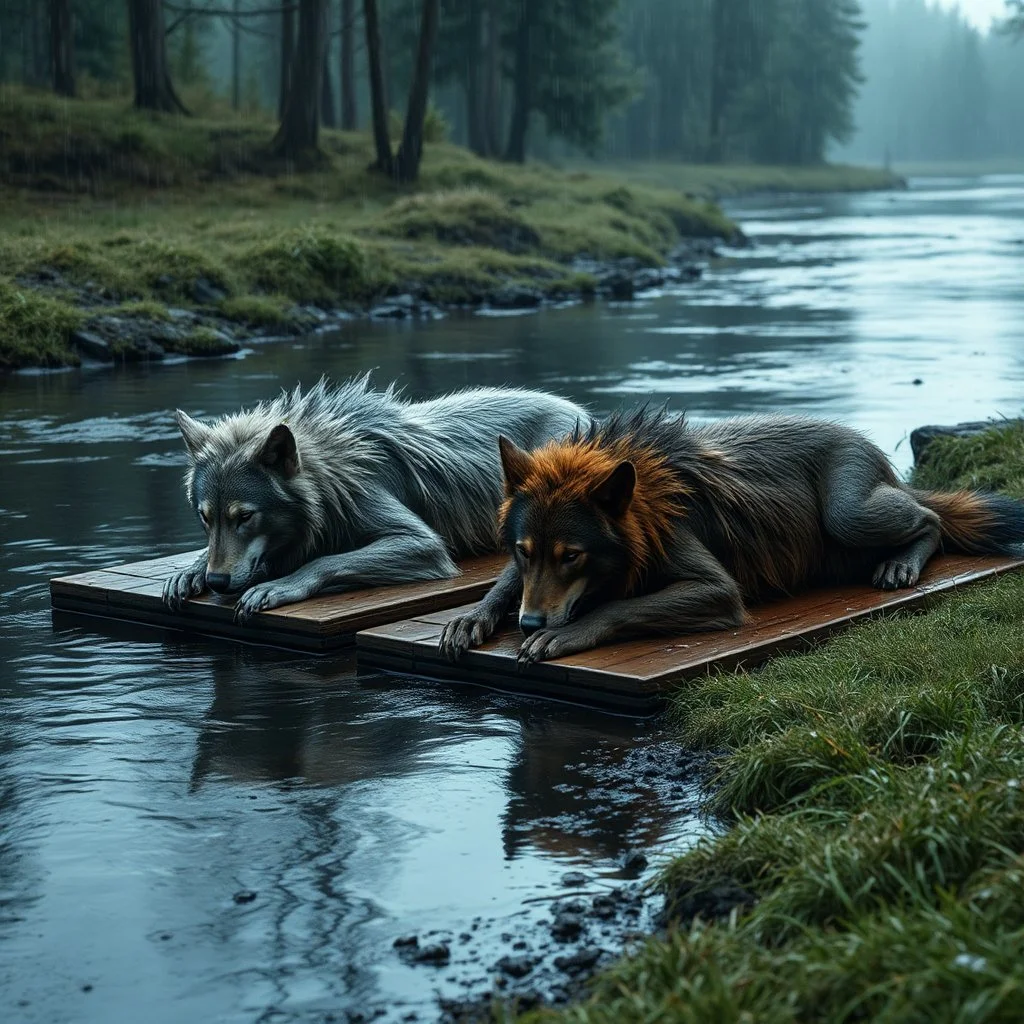 one gray and one brown fantasy anthropomorphic wolf-human hybrids creature in body hair lie exhausted and wet on their stomachs on two wooden boards next to a deep river, on the opposite bank in the distance, hour-long, thick-trunk trees are faintly visible, grass, mud, rain, high realistic, detailed, cinematic, sci-fi, digital art, dark fantasy mood