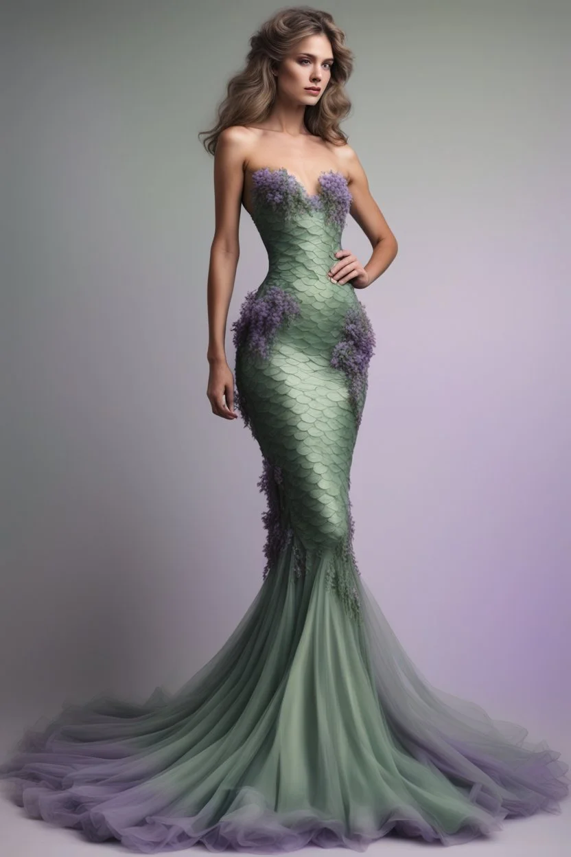 Stunning utopian mermaid gown with lavender and sage green. Hyper realistic standing model