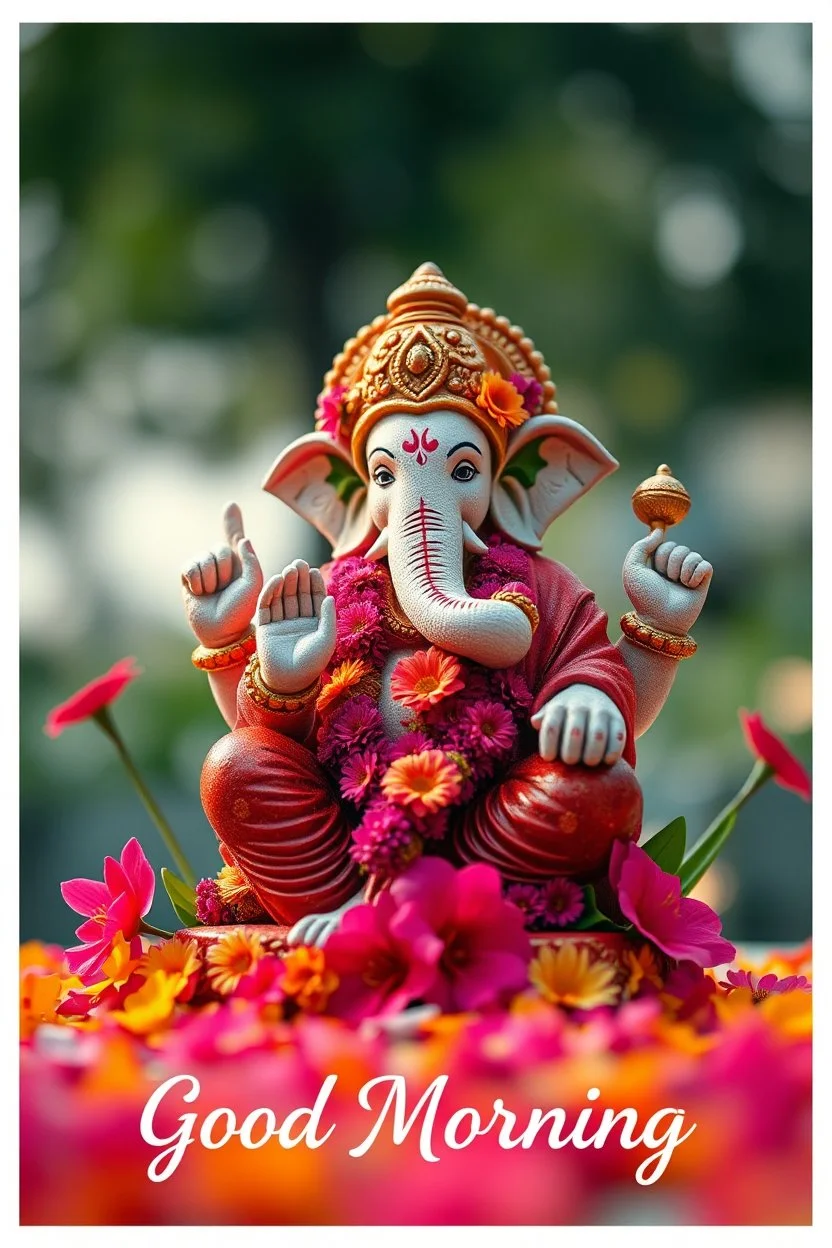 A statue of lord Ganesha made of pure flowers, beautiful, cinematic macro shot, "Good Morning" written in the bottom