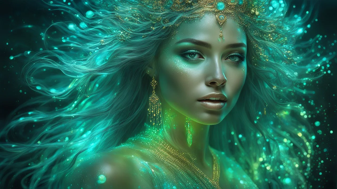 The photo is done in a bioluminescent and bioluminescent art style depicting a divine woman, Bioluminescent dewy translucent glowing skin, ethereal glowing eyes, long neck, perfect face in ultra-realistic details, flowing hair, greenish blue hues, The composition imitates a cinematic film with dazzling, golden and silver lighting effects. Intricate details, sharp focus, crystal clear skin create high detail. 3d, 64k, high resolution, high detail, computer graphics, hyperrealism, f/16, 1/300 sec.