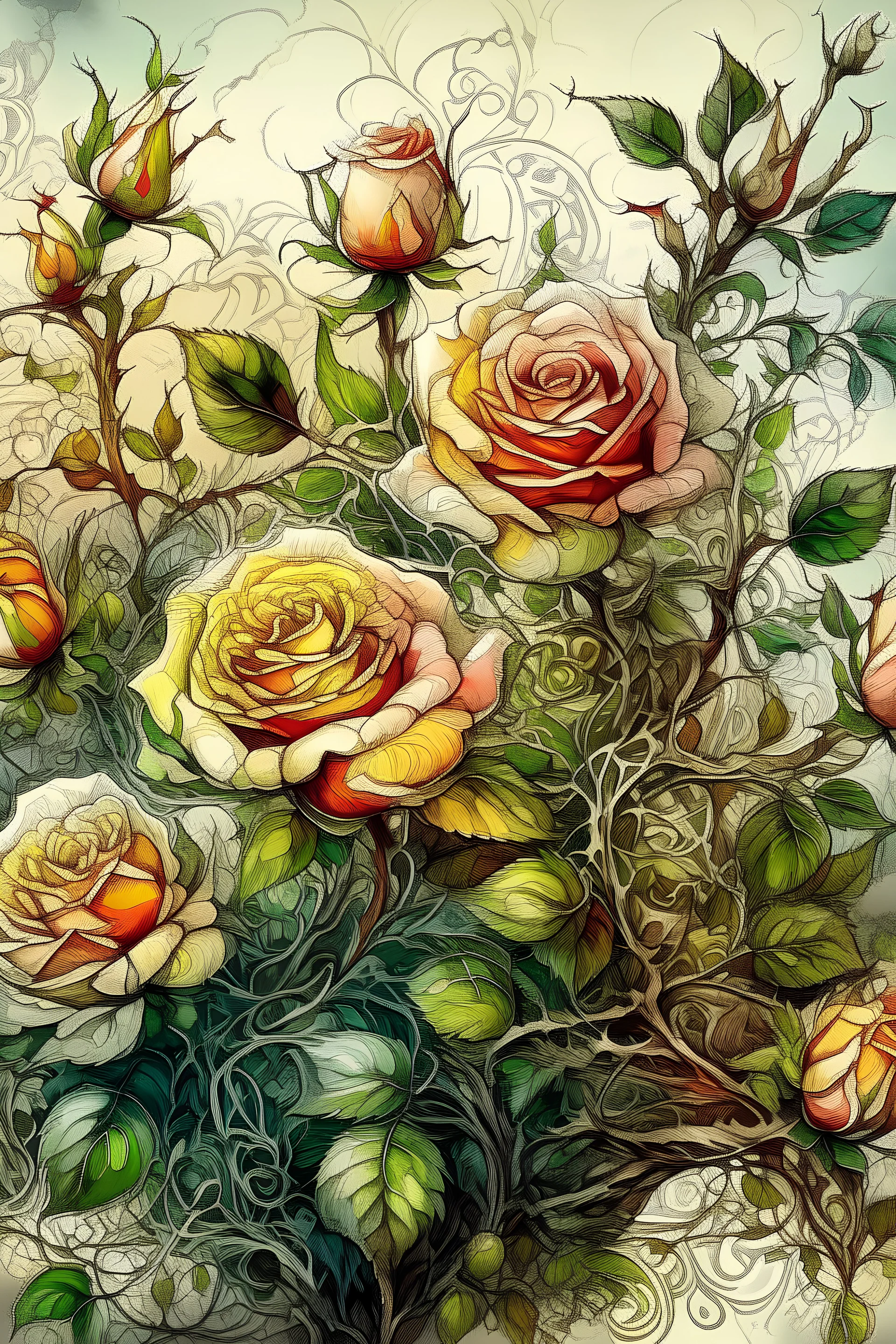 magic sketch, delicate drawing, watercolor painting, beautiful landscape, a branch of lush non-pink lace roses with buds, many large and small flowers, buds, different shades of color, pixel graphics, many details, sensuality, realism, high quality, decoration, hyperdetalization, professionally, filigree, hyperrealism, backlight, contrast, fantastic, fabulous, unreal, translucent, luminous, clear lines, light green, bluish background at the top, white edges