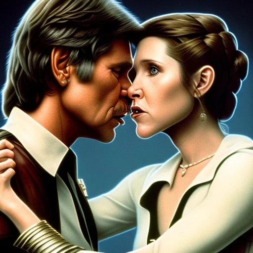 carrie fisher kissing harrison ford, waist up portrait, intricate, oil on canvas, masterpiece, expert, insanely detailed, 4k resolution, cinematic smooth, intricate detail , soft smooth lighting, soft pastel colors,