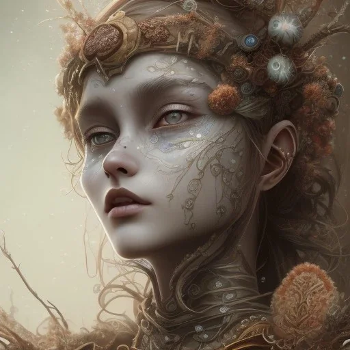 karlan, rusty metal, anime, Dryad, fae, sidhe, ominous, nature, plants, wildflower, facepaint, dnd character portrait, intricate, oil on canvas, masterpiece, expert, insanely detailed, 4k resolution, retroanime style, cute big circular reflective eyes, cinematic smooth, intricate detail , soft smooth lighting, soft pastel colors, painted Rena