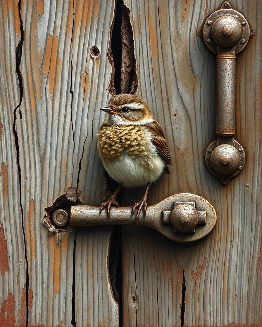 Small brown wren with intricate feathers perched on a weathered barn door, the door is cracked and rotting with a rusting handle, intricate woodgrain patterns with peeling paint, rusted bolts, deep textures, acrylic art, highly detailed