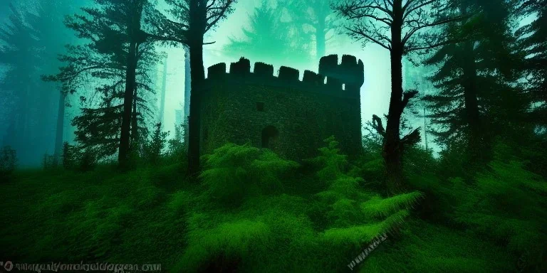 Ruined abandoned overgrown small castle tower in a dense coniferous forest, night, misty, atmospheric, fireflies