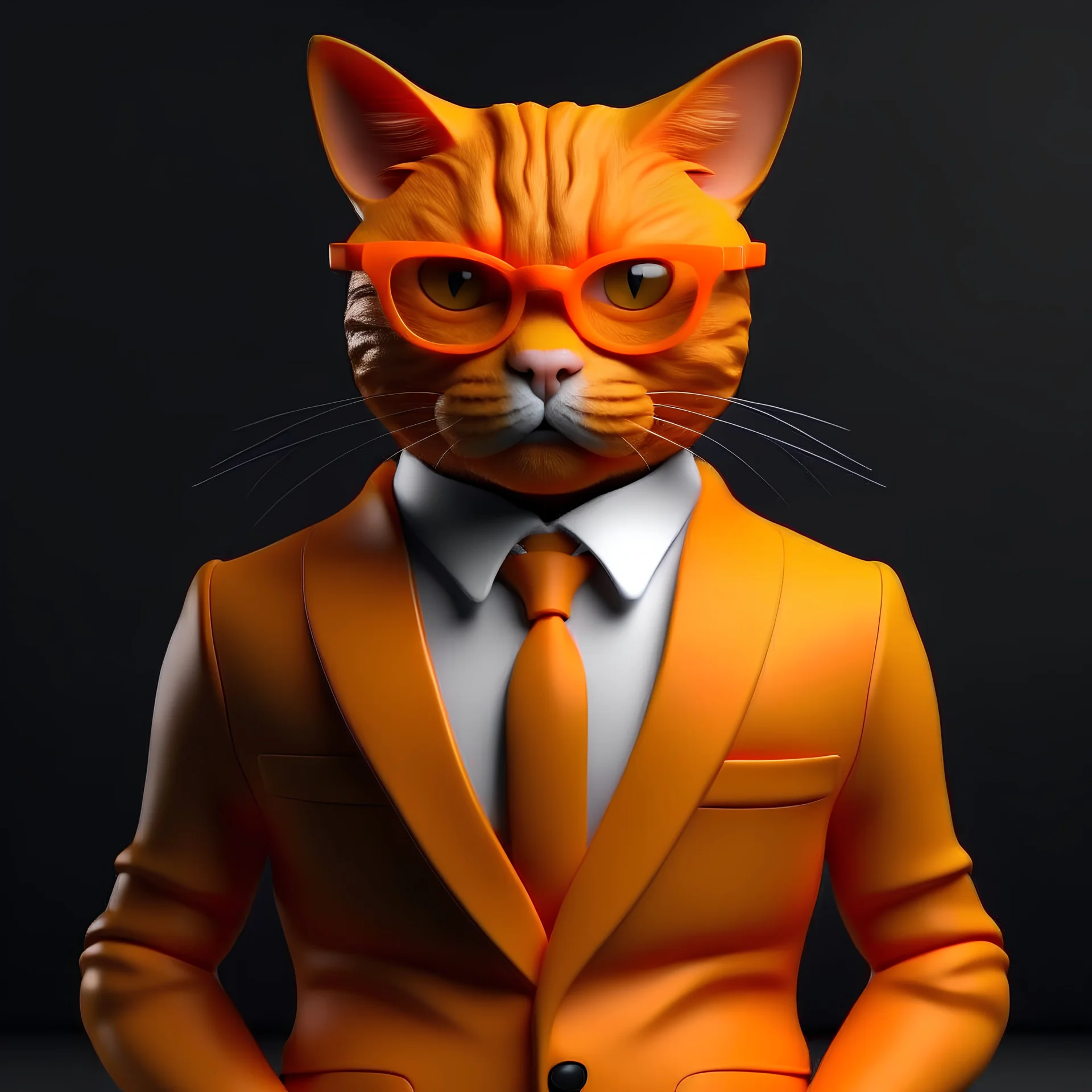orange cat with glasses, suit and human body