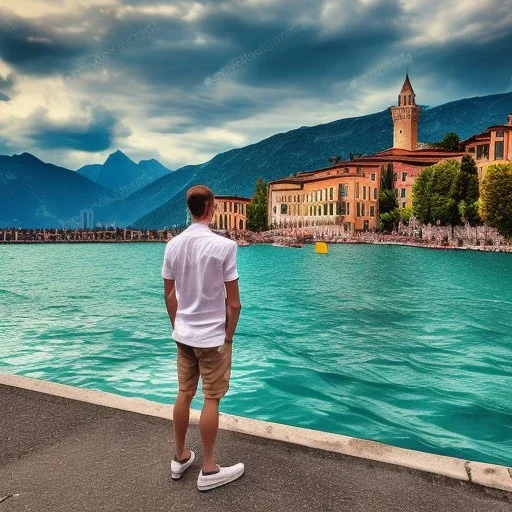 Man from behind is watching on tbe Lake Garda in Italy