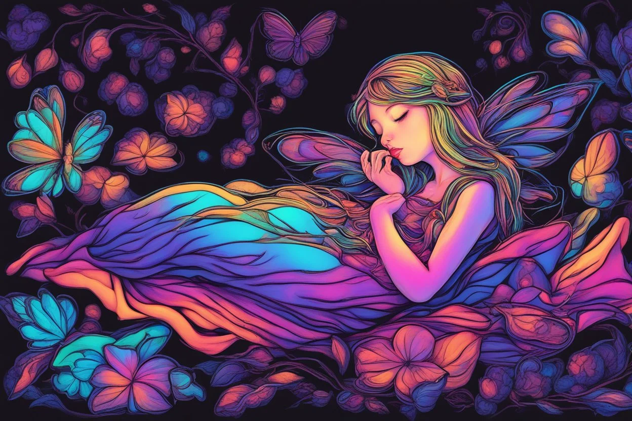 black light art neon colors cute sleeping fairy