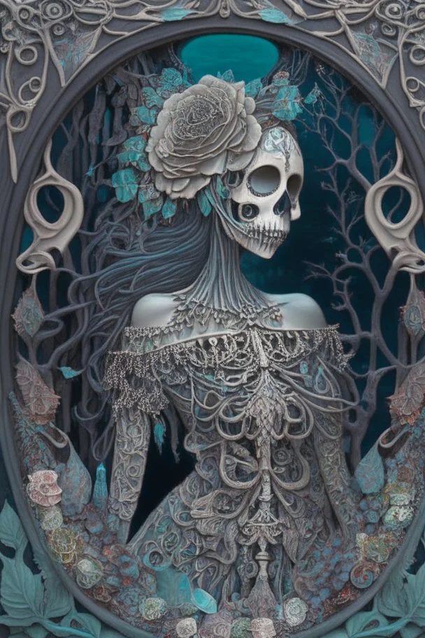 Artwork entitled "Skull Moon Pond Goddess " depicts a partially skeletonized Pond Goddess wearing a gown made from detailed quilling consisting of feathers, foliage, fish scales, flowers, and gemstones appearing inside an archway of quilling growing around her and the skull moon; insanely detailed; quilling; elegant, fantasy, rose tones, beautiful, rapturous