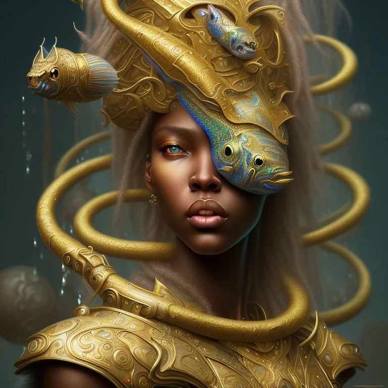 sango fantasy, fantasy magic, intricate, sharp focus, illustration, highly detailed, digital painting, concept art, matte, art germ and Boris Vallejo and kehinde wiley, masterpiece fish head long leg African model afro hair sexy body golden pretty lips rain background