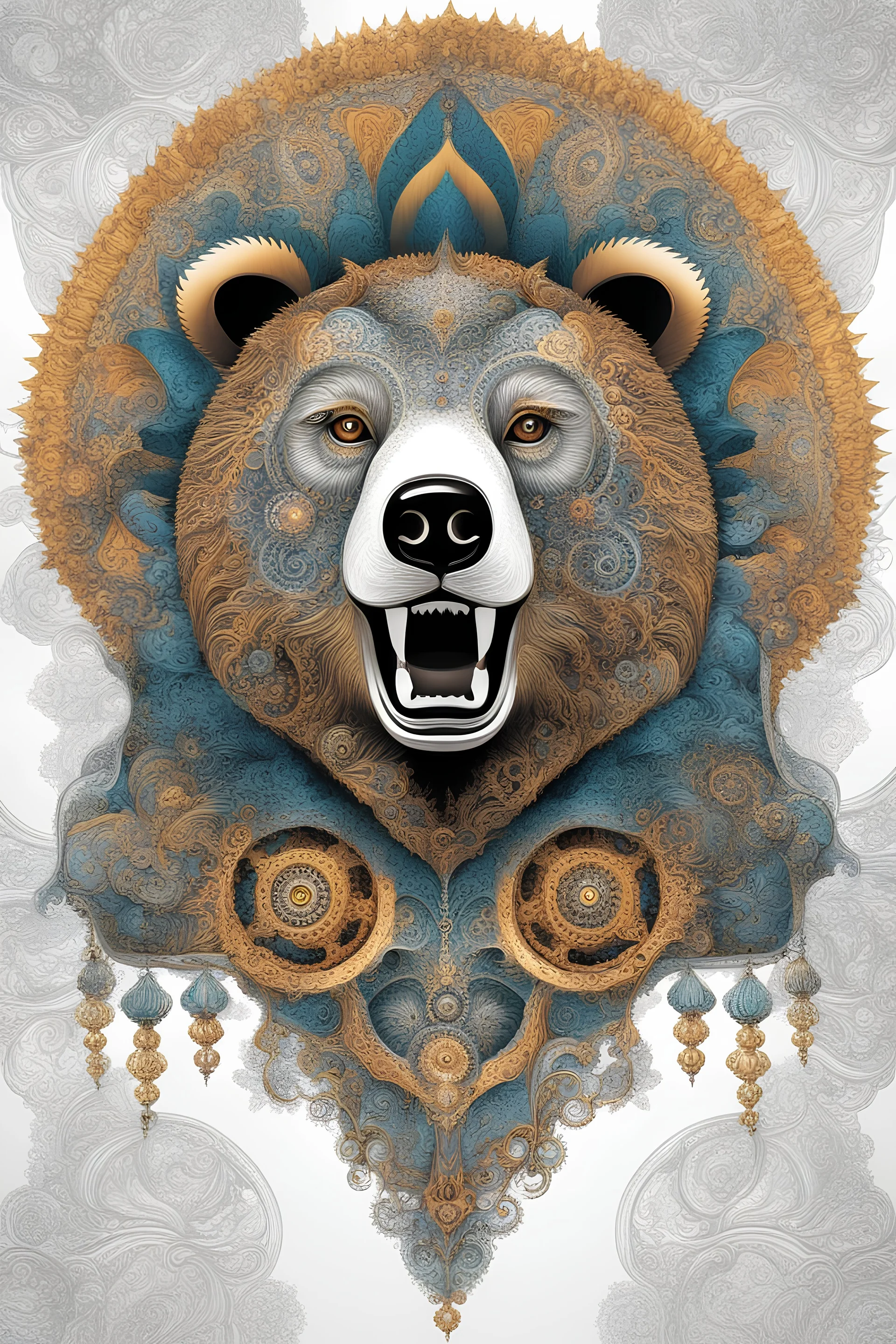 Tshirt design graphics on white background, Parametric structure, vivid colors, frontal Bear Head in mandelbrot style, intricated details, steampunk, 32k, surreal, symmetrical, high contrast