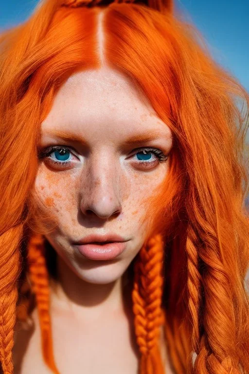 Woman, body 190kg, orange hair, two braids, bangs, rossi eyes, big eyes, freckles, long eyelashes, Frozen, 8k resolution