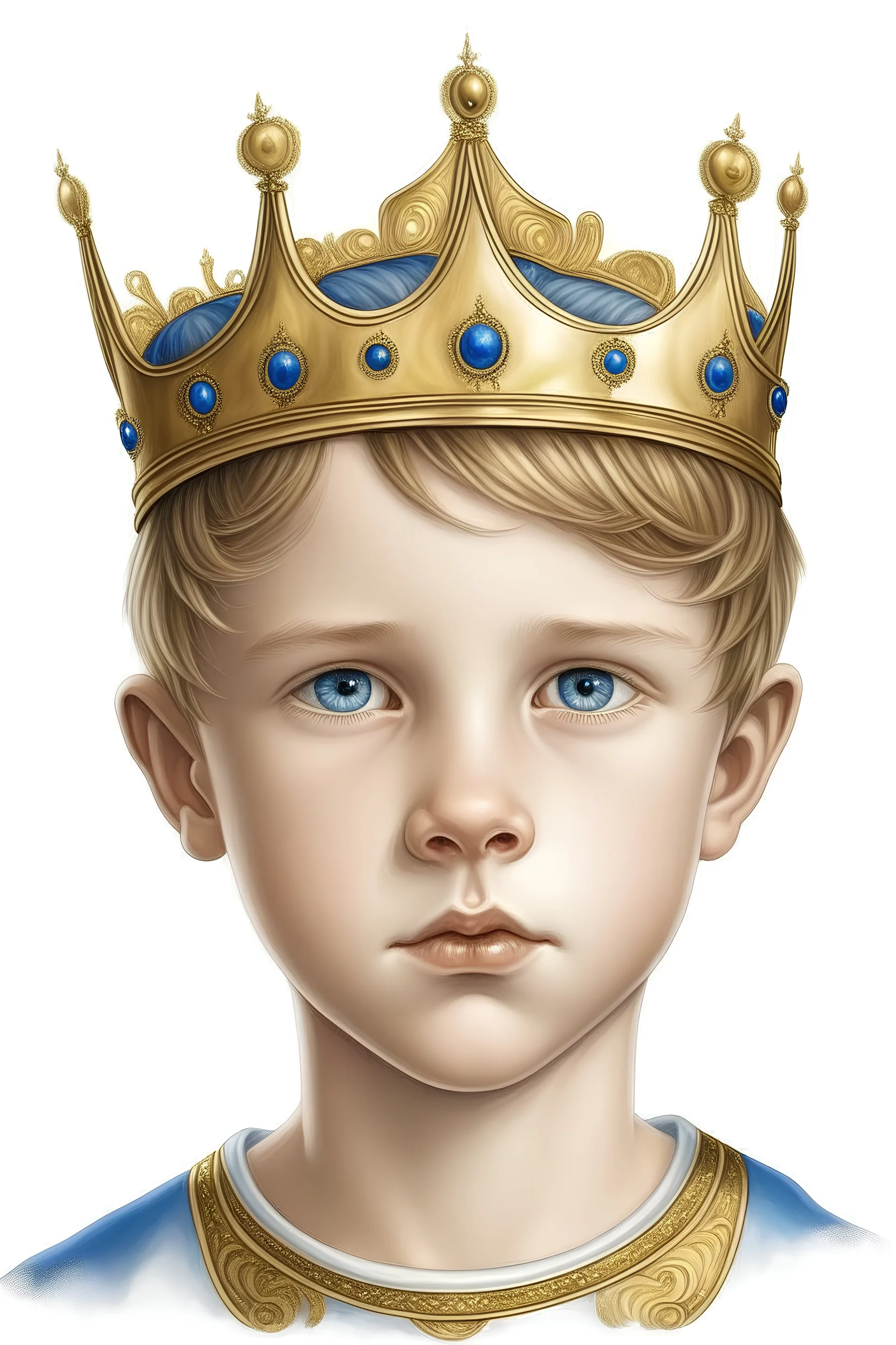 Draw for me a ten-year-old boy with a crown on his head. He has dazzling beauty and blue eyes. His hair is golden, and the picture is in a realistic style with a white background.