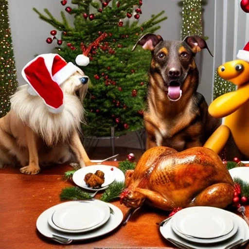 Dogs eating Christmas dinner with alien lion and floating ball, and exquisitely decorated turkey and HR giger alien