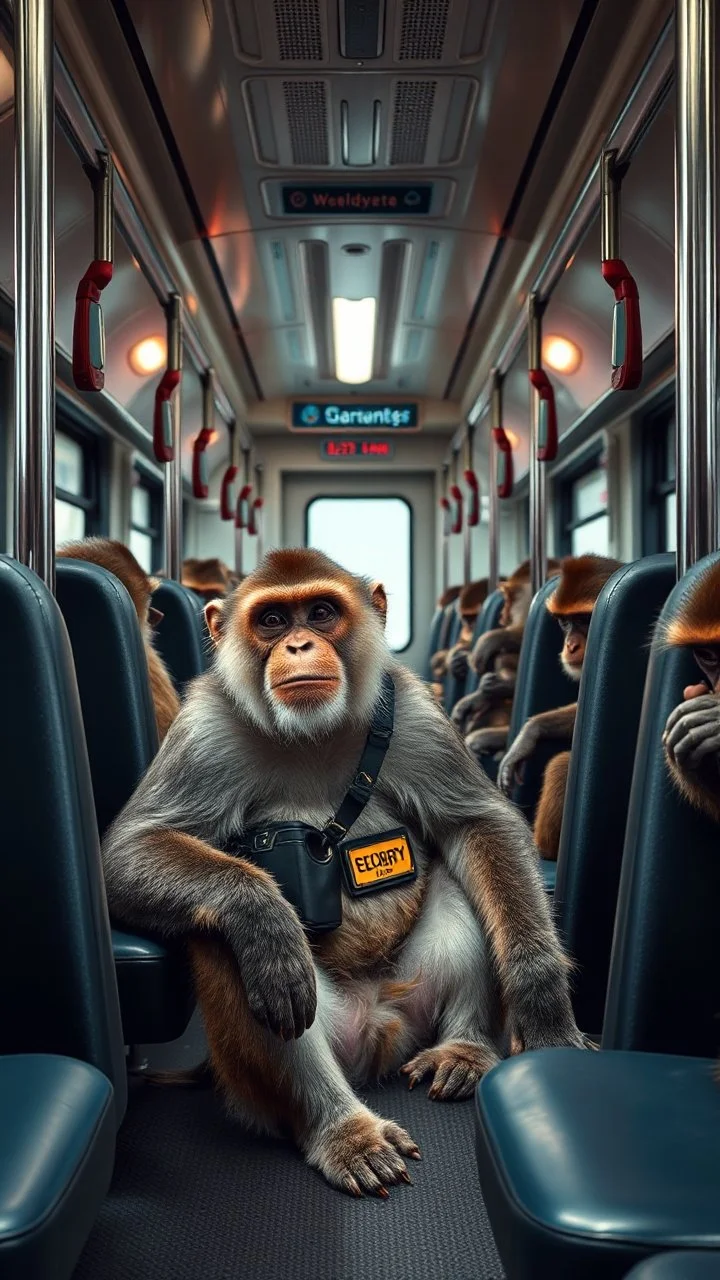 inside a train all seats filled with monkeys , one big monkey wearing security custom sitting in front
