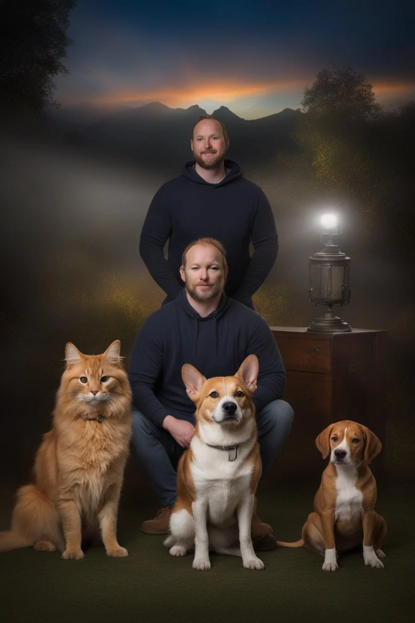 Jon Arbuckle and his pets, a big, fat, orange tabby cat named Garfield, a small, beagle dog named Odie, and a small gray tabby cat named Nermal - gradated Background, professional quality studio 8x10 UHD Digital photograph, multicolored spotlight, Photorealistic, realistic stock photo, Professional quality Photograph. colored Fog - Multicolored lighting,