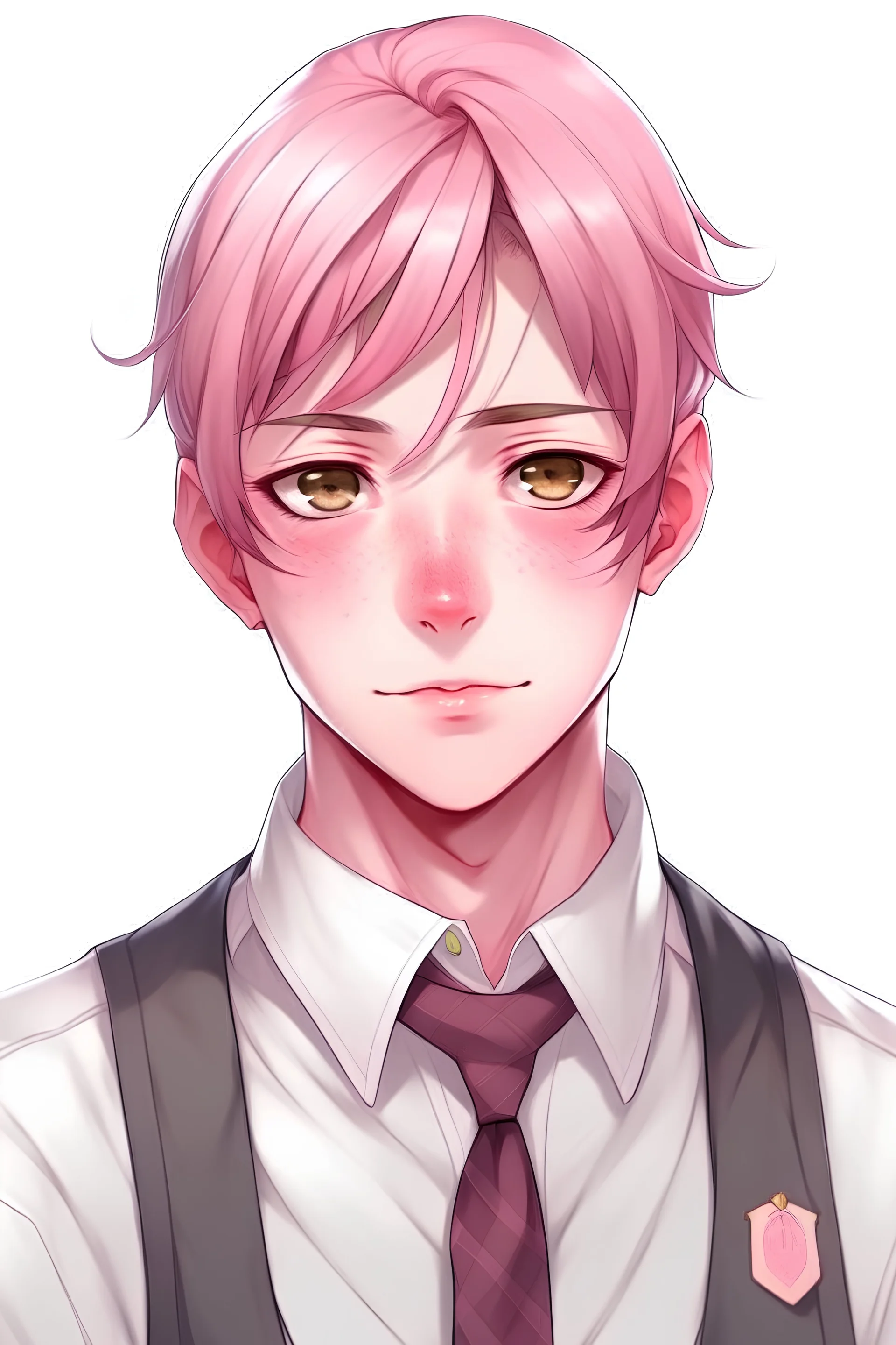 pink haired man with pale skin and brown eyes wearing a school uniform