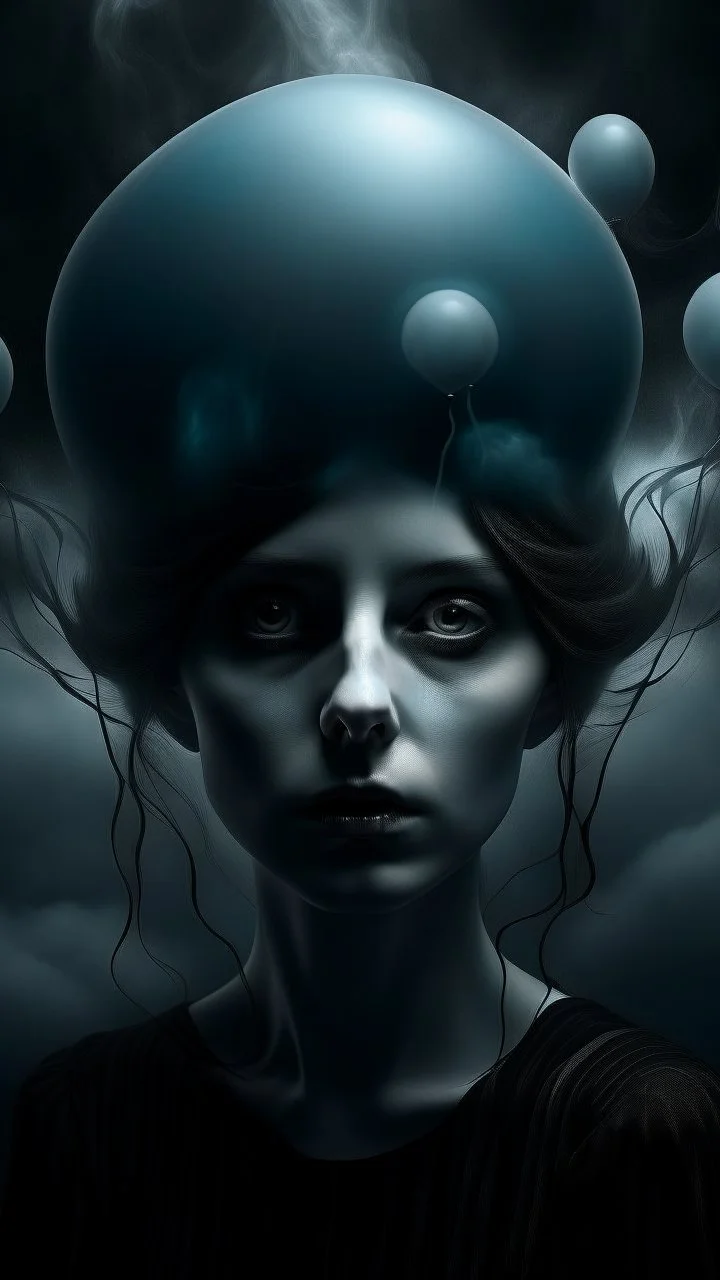 Mourning in dephts of ocean , a halo face with a smoky balloons in dark gloomy foggy background with very small dem light