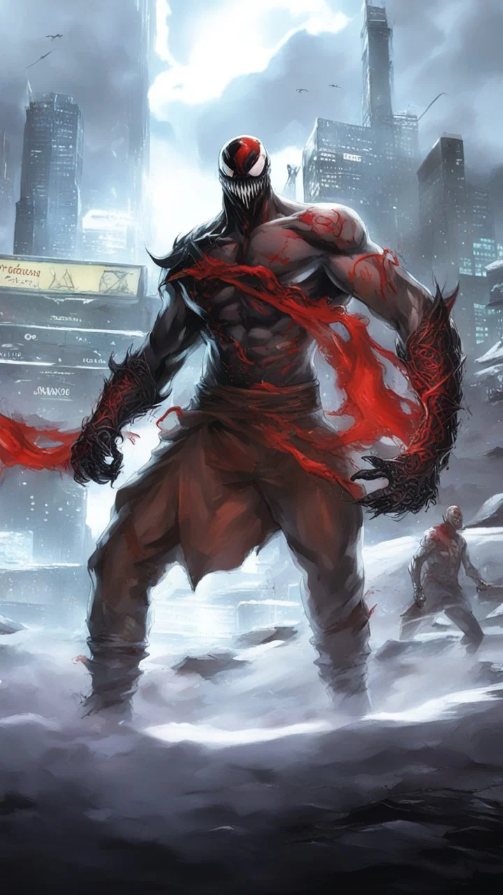 A close picture of Venom symbiote with kratos red tattoos and Clothes, holding blade of choice