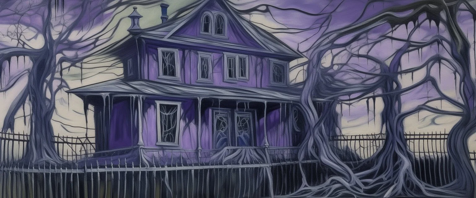 A purple haunted mansion covered in cobwebs painted by Edvard Munch