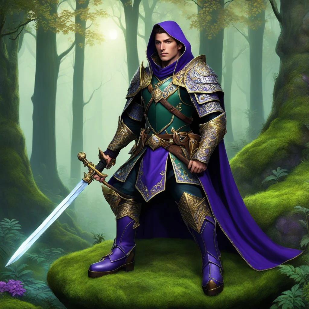 An aristocratic ranger, a blend of cool defiance and weary wisdom, sits on a mossy boulder in a vibrant, breathing deep forest. They are clad in detailed, forest-green leather armor with intricate gold filigree, a dark purple velvet cloak, and robust, customized boots, cradling a fine broadsword. A long-stemmed pipe emits swirling plumes of colorful, fragrant smoke around their face, which is partly smiling and contemplative. The forest environment is alive with glowing bioluminescent fungi, anc