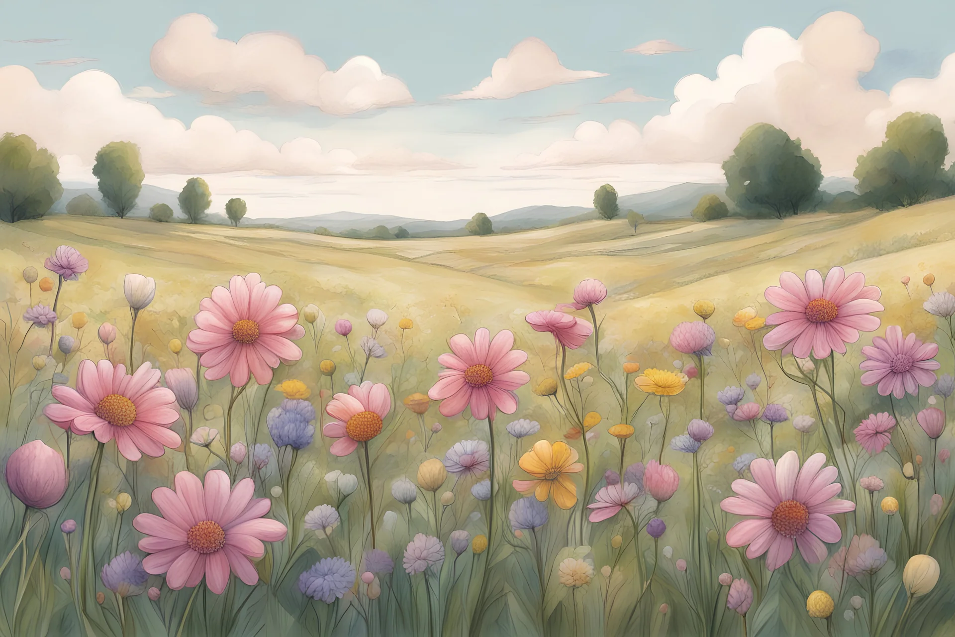 drawing of aromatherapy flowers in an open field