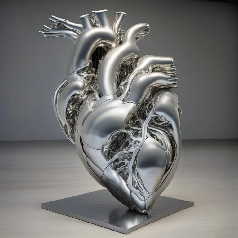 stainless steel sculpture of human flesh-like heart formed by human bodies